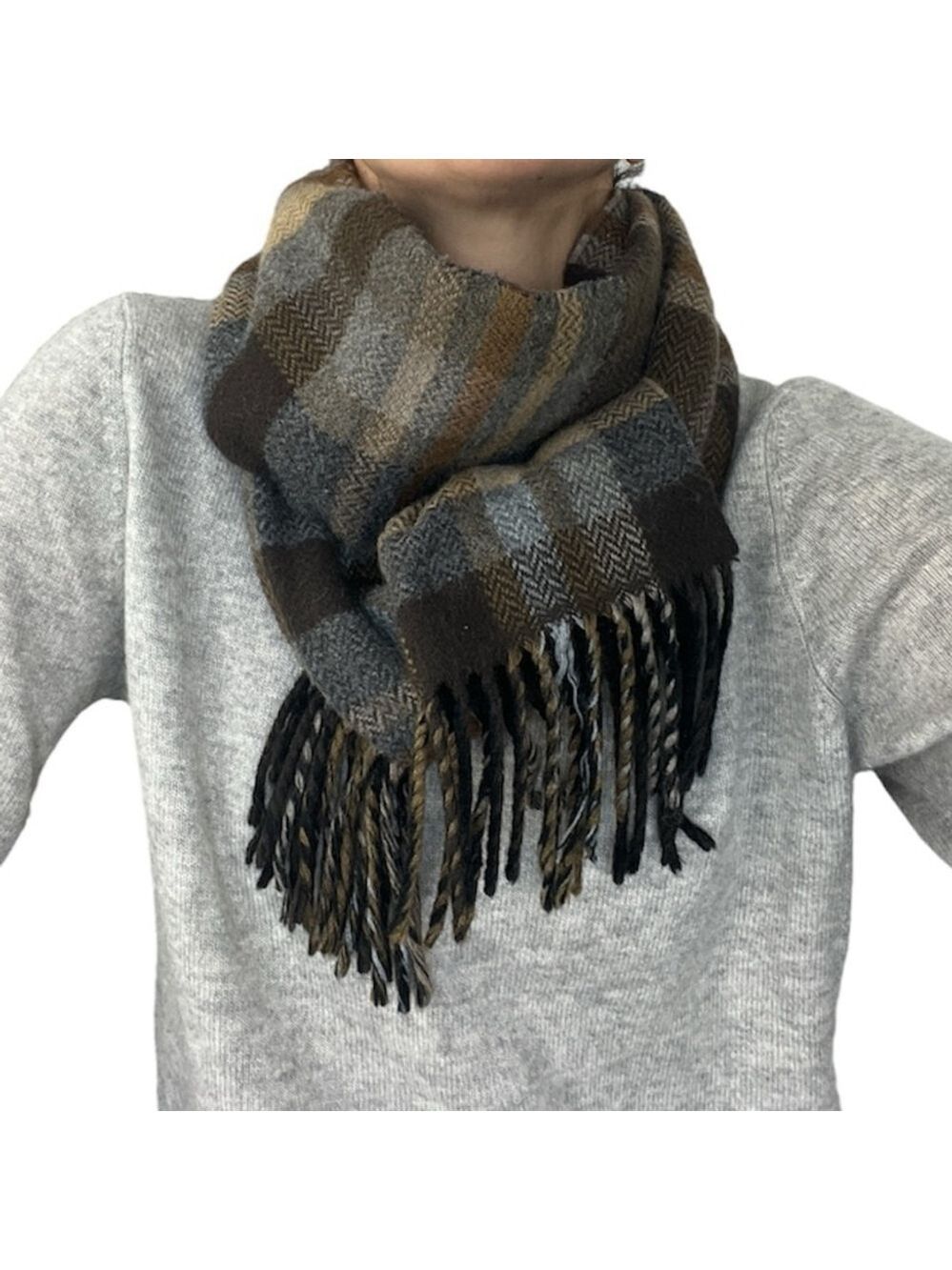V FRASS Germany classic brown gray black herringbone plaid cashmink scarf
